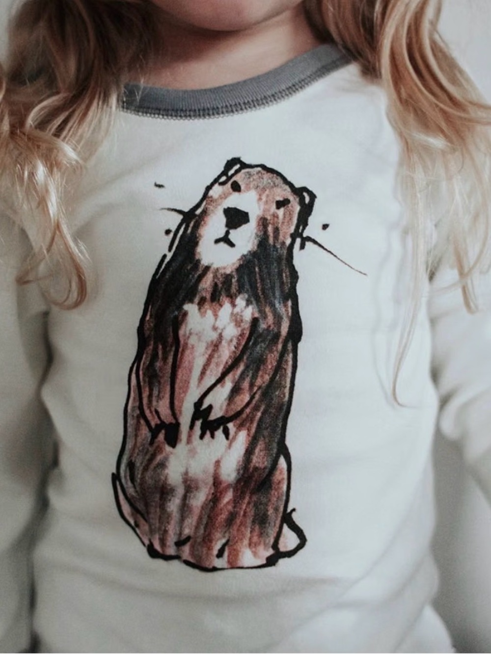 Baby Soy Cream Long Sleeve Tee with marmot Illustration and Gray Trim
